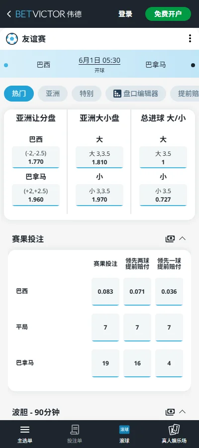 巴西vs巴拿马，国际友谊赛赔率和盘口信息-伟德(BetVictor)提供