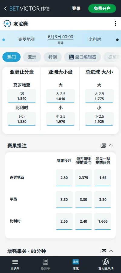 克罗地亚vs比利时 - 国际友谊赛赔率和盘口信息伟德(Betvictor)