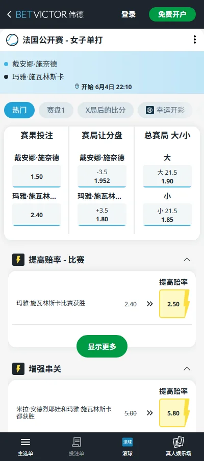 施耐德vs赫瓦林斯卡-2026法网女单半决赛赔率盘口信息伟德(BetVictor)提供