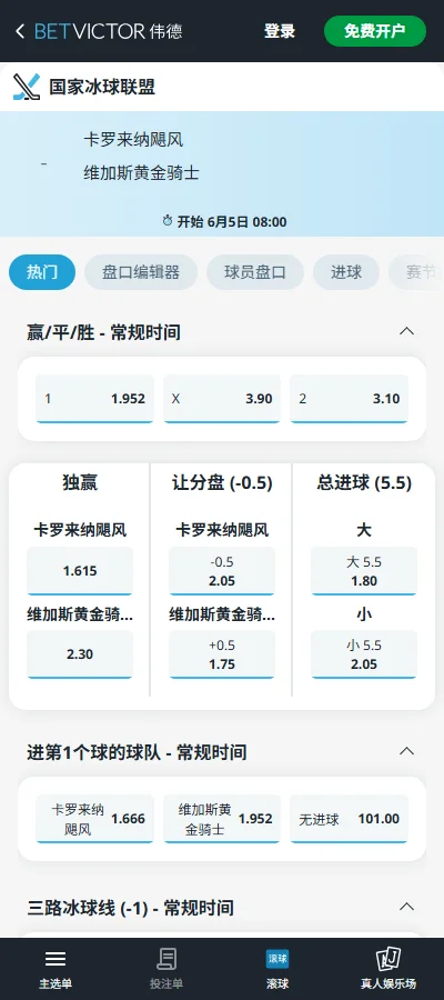 2026NHL斯坦利杯总决赛G2赔率盘口信息伟德(BetVictor)提供