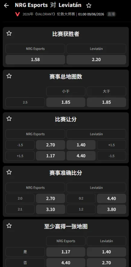 NRG vs LEV - 无畏契约VCT伦敦大师赛赔率信息必威(Betway)提供