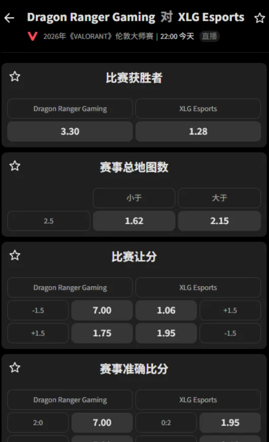 DRG vs XLG - 无畏契约VCT伦敦大师赛赔率信息必威(Betway)提供