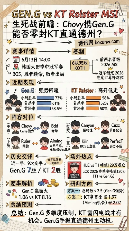 仅剩1个MSI名额!Gen.G生死战硬碰KT:Chovy能否碾压中路拒绝爆冷?