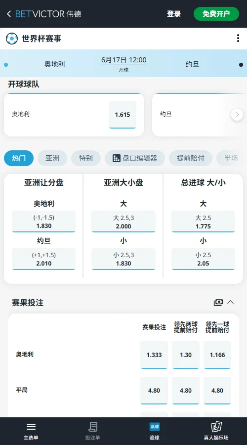 奥地利vs约旦-2026世界杯赔率和盘口-伟德(Betvictor)