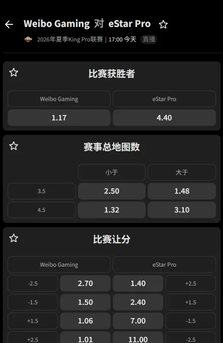 北京WB vs 武汉eStarPro - 2026王者荣耀KPL夏季赛赔率盘口信息必威(Betway)提供
