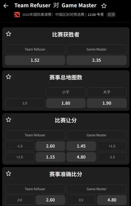 DOTA2 TI15中国区预选赛:Refuser vs GM赔率盘口信息由必威(Betway)提供