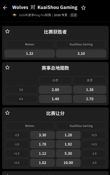 狼队 vs KSG- 2026王者荣耀KPL夏季赛赔率盘口信息必威(Betway)提供