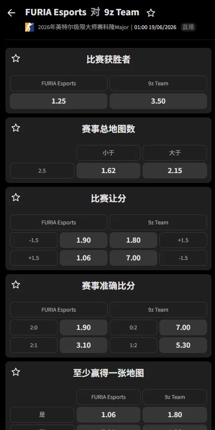 FURIA vs 9z - IEM科隆Major赔率盘口信息必威(Betway)提供