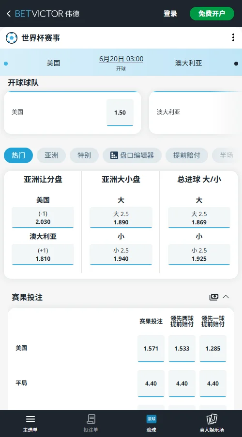 美国vs澳大利亚 - 2026世界杯赔率和盘口-伟德(Betvictor)