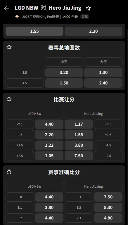 杭州LGD.NBW vs 南通Hero久竞 - 2026王者荣耀KPL夏季赛赔率盘口信息必威(Betway)提供