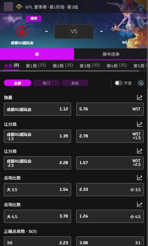 成都AG vs WST - 2026王者荣耀KPL夏季赛赔率盘口信息必威(Betway)提供