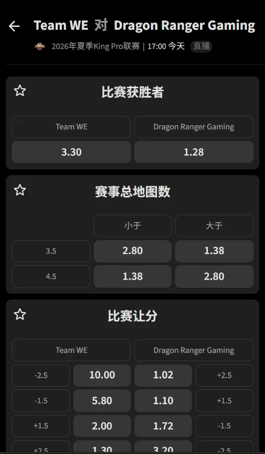 西安WE vs 佛山DRG - 2026王者荣耀KPL夏季赛赔率盘口信息必威(Betway)提供