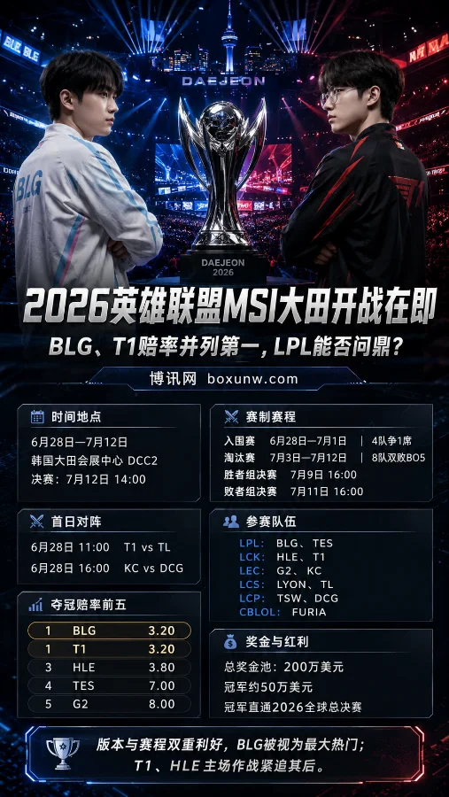 2026英雄联盟MSI大田开战在即，BLG、T1赔率并列第一，LPL能否问鼎？