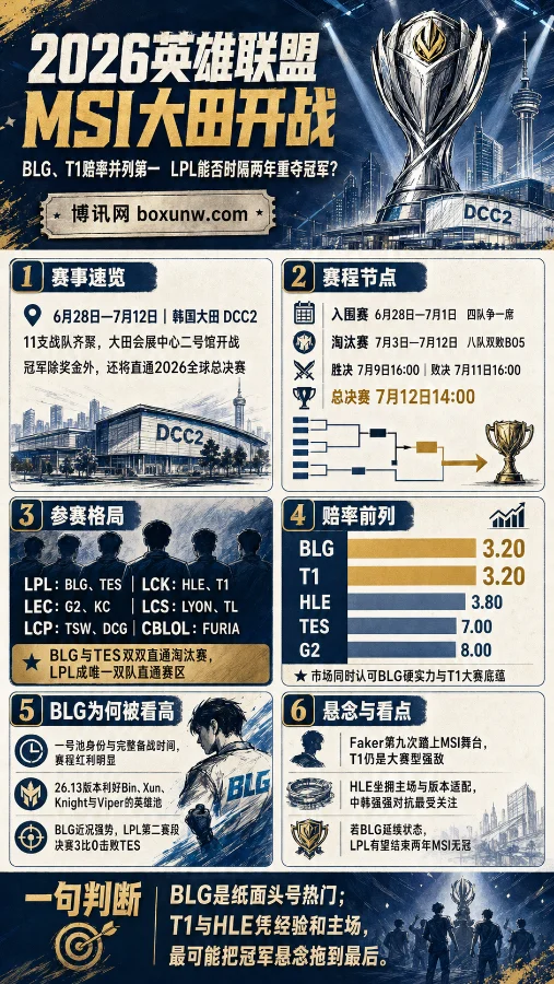 11支战队齐聚2026 MSI，2026 MSI夺冠赔率深度解析