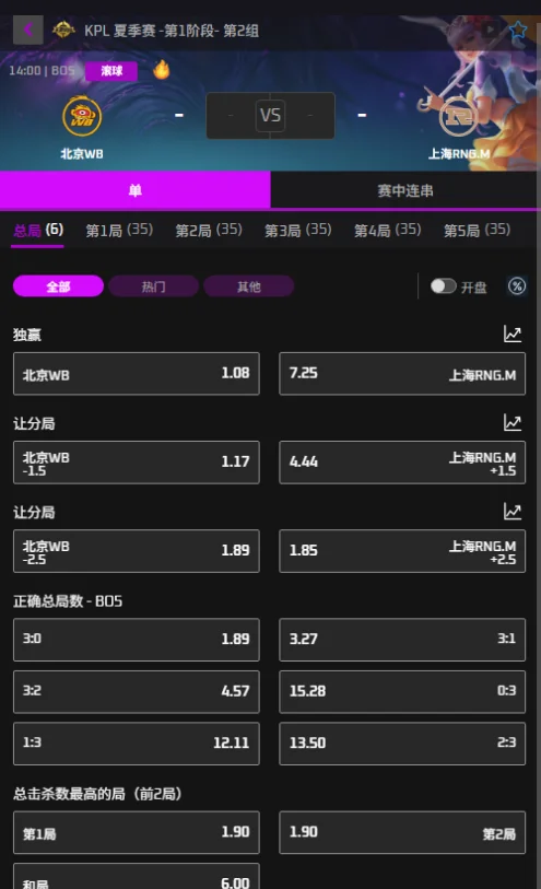北京WB vs 上海RNG.M - 2026王者荣耀KPL夏季赛赔率盘口信息必威(Betway)提供