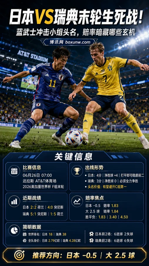 日本VS瑞典末轮生死战！蓝武士冲击小组头名，赔率暗藏哪些玄机