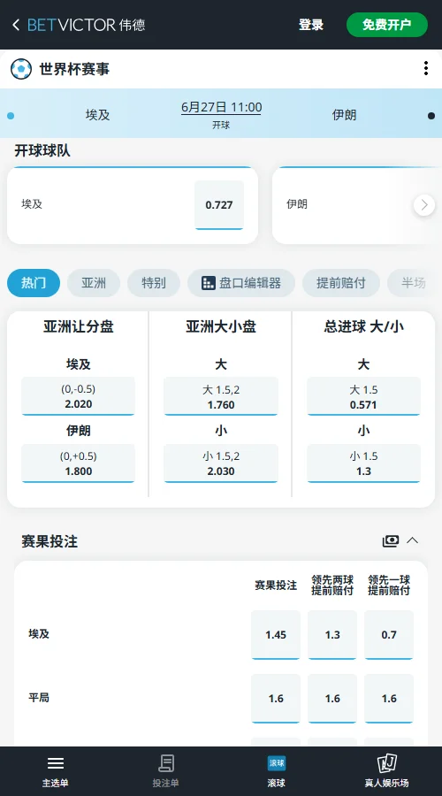 埃及vs伊朗 - 2026世界杯赔率和盘口-伟德(Betvictor)