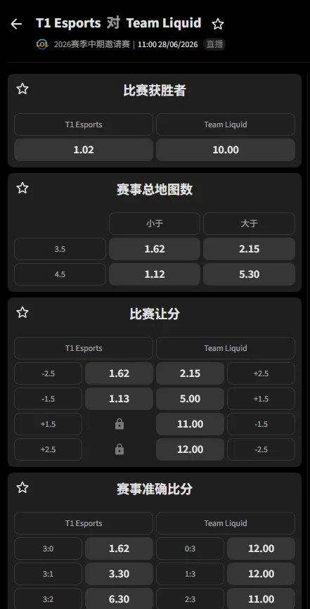 T1 vs TL - 2026英雄联盟MSI季中冠军赛赔率盘口信息必威(Betway)提供