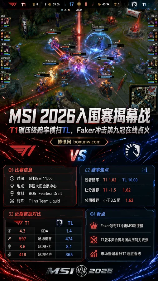 MSI 2026入围赛揭幕战：T1碾压级赔率横扫TL，Faker冲击第九冠在线点火