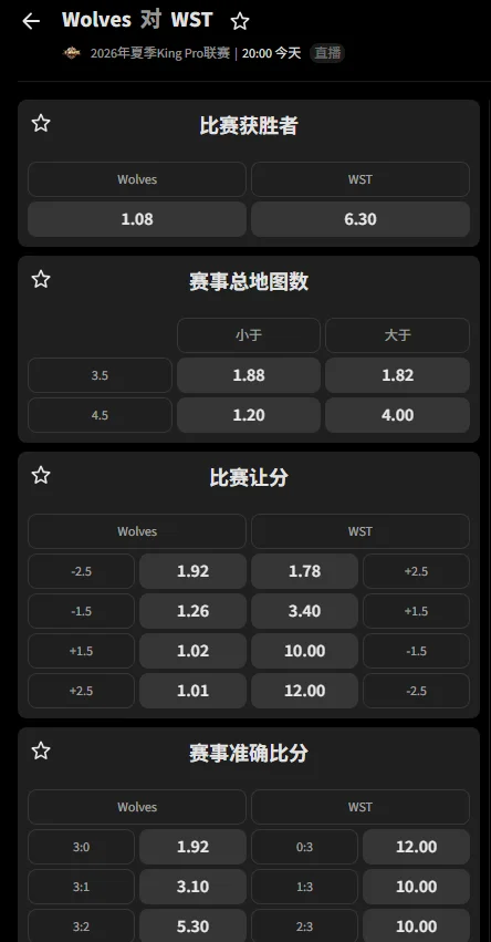 重庆狼队 vs WST - 2026王者荣耀KPL夏季赛赔率盘口信息必威(Betway)提供