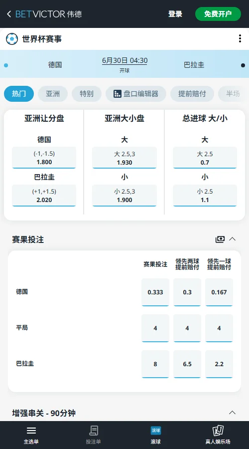 德国vs巴拉圭 - 2026世界杯淘汰赛赔率和盘口-伟德(Betvictor)