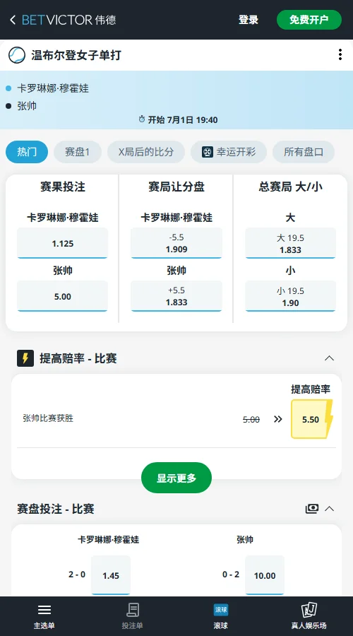 张帅VS穆霍娃 - 2026温网女单赔率盘口信息伟德(BetVictor)提供