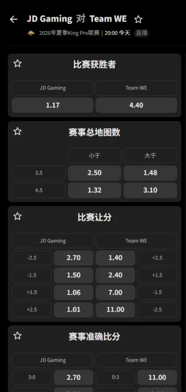 北京JDG迎战西安WE - 2026王者荣耀KPL夏季赛赔率盘口信息必威(Betway)提供
