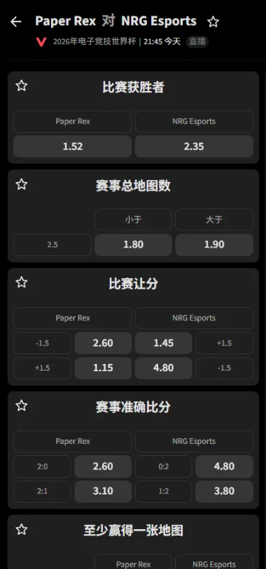 PRX再战NRG - 无畏契约EWC赔率信息必威(Betway)提供