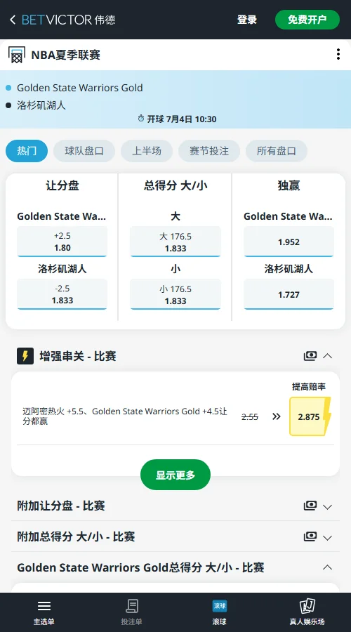 勇士金队vs湖人-NBA夏季赛博彩赔率和盘口信息-伟德(betvictor)提供