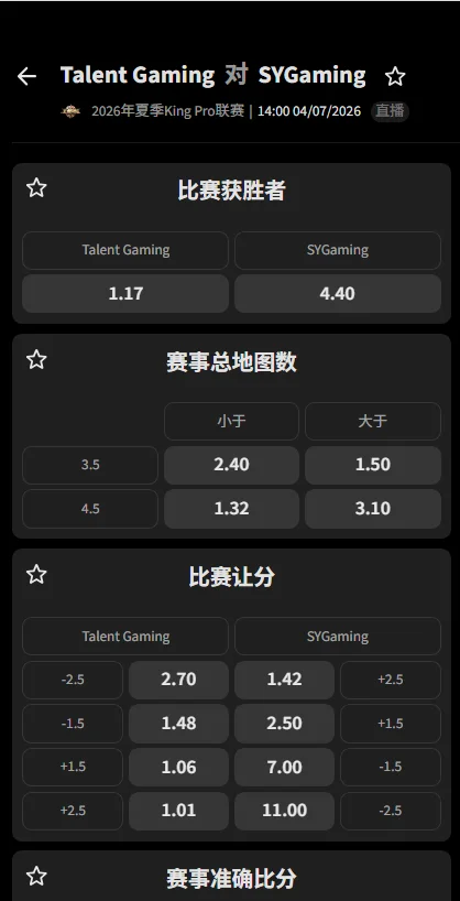广州TTG vs SYG - 2026王者荣耀KPL夏季赛赔率盘口信息必威(Betway)提供