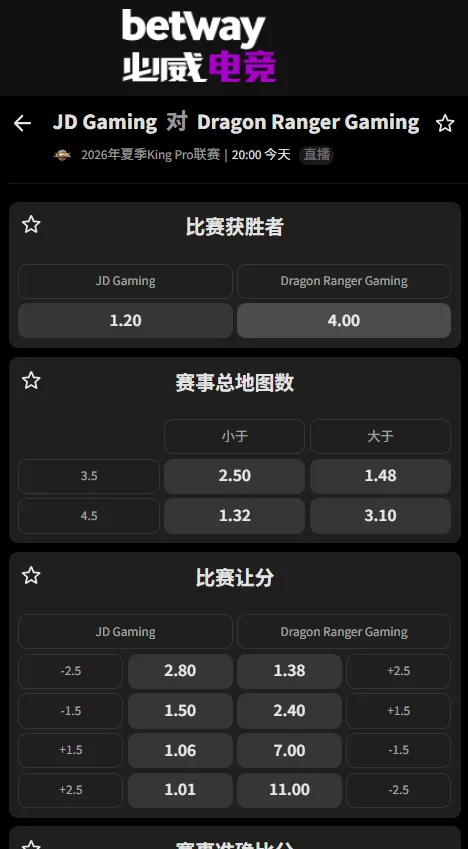 北京JDG迎战佛山DRG - 2026王者荣耀KPL夏季赛赔率盘口信息必威(Betway)提供