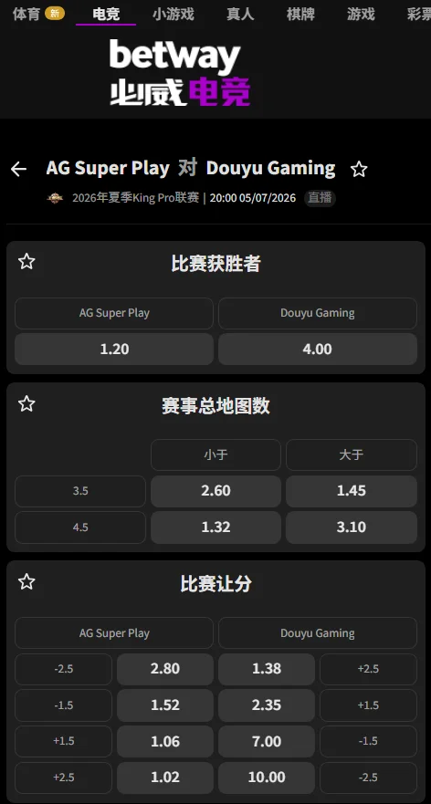 成都AG vs 深圳DYG - 王者荣耀KPL夏季赛赔率盘口(必威Betway)