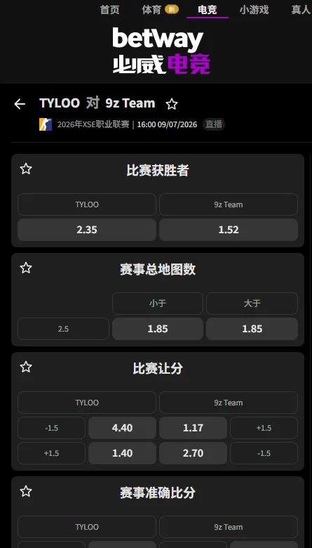 TYLOO vs 9z - XPL广州2026赔率盘口信息必威(Betway)提供