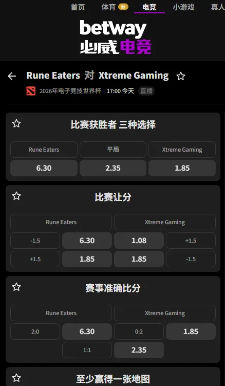 RE vs XG - EWC电竞世界杯DOTA2赔率盘口信息由必威(Betway)提供