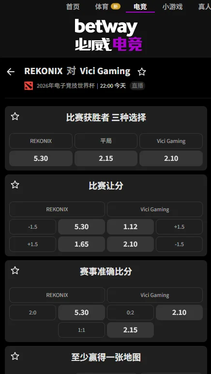 VG vs REKONIX - EWC电竞世界杯DOTA2赔率盘口信息由必威(Betway)提供