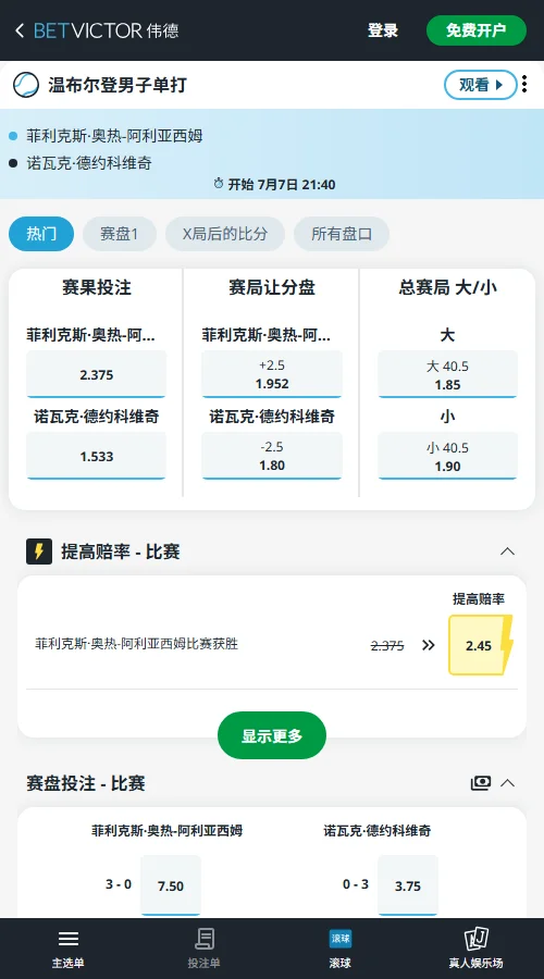 德约科维奇温网男单1/4决赛-伟德(BetVictor)赔率