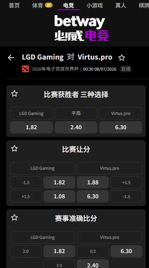 LGD vs VP - EWC电竞世界杯DOTA2赔率盘口信息由必威(Betway)提供