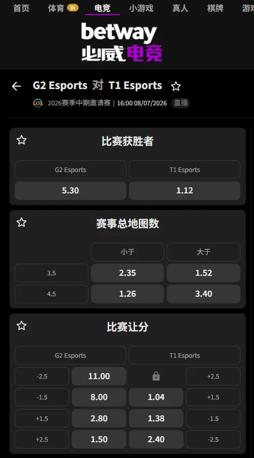 G2 vs T1 - 2026英雄联盟MSI季中冠军赛赔率盘口信息必威(Betway)提供