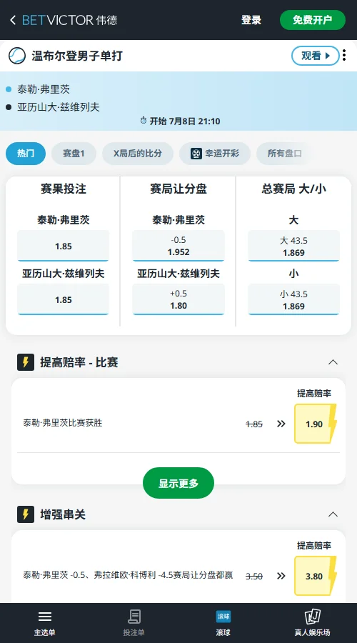 弗里茨 vs 兹维列 - 2026温网男单1/4决赛赔率盘口信息伟德(BetVictor)提供