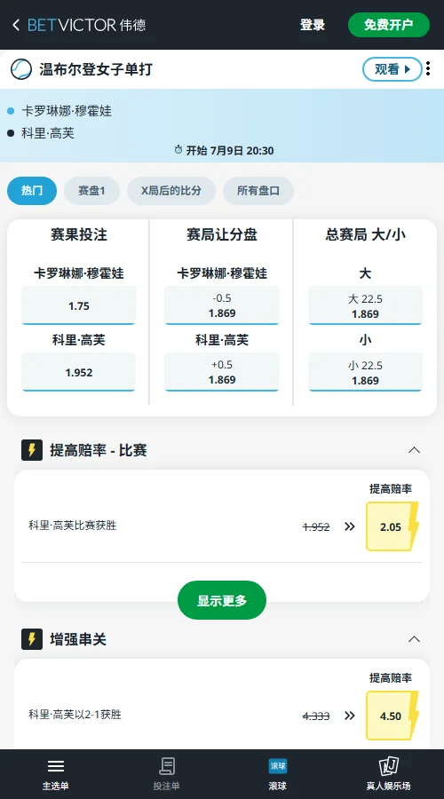 穆霍娃 vs 高芙 - 2026温网女单赔率盘口信息伟德(BetVictor)提供