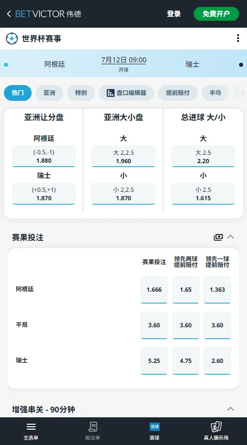 阿根廷vs瑞士 - 2026世界杯淘汰赛赔率和盘口-伟德(Betvictor)