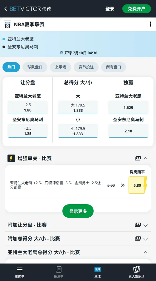 老鹰vs马刺-NBA夏季联赛博彩赔率和盘口信息-伟德(betvictor)提供