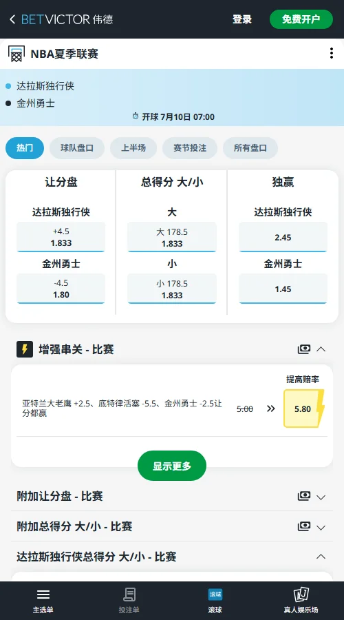 独行侠vs勇士-NBA夏季联赛博彩赔率和盘口信息-伟德(betvictor)提供