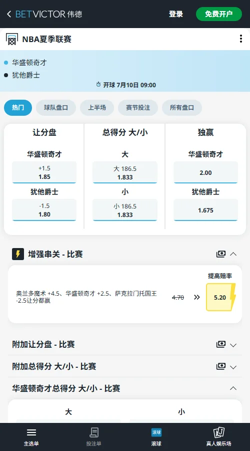 奇才vs爵士-NBA夏季联赛博彩赔率和盘口信息-伟德(betvictor)提供