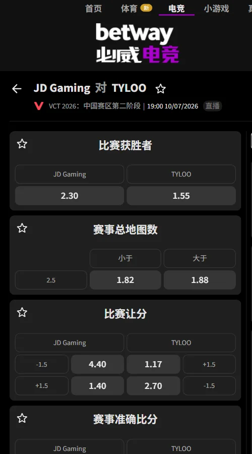 JDG vs TYL- VCT CN2026第二阶段赔率信息必威(Betway)提供