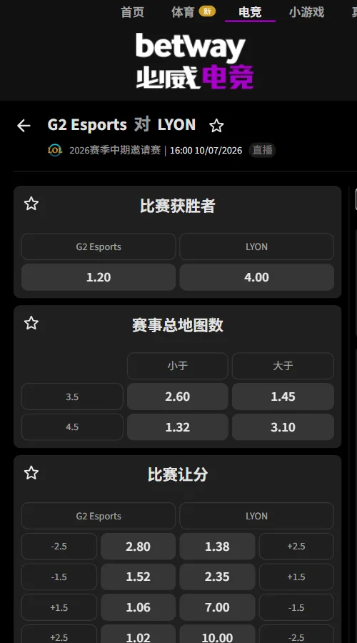 G2 vs LYON - 2026英雄联盟MSI季中冠军赛赔率盘口信息必威(Betway)提供