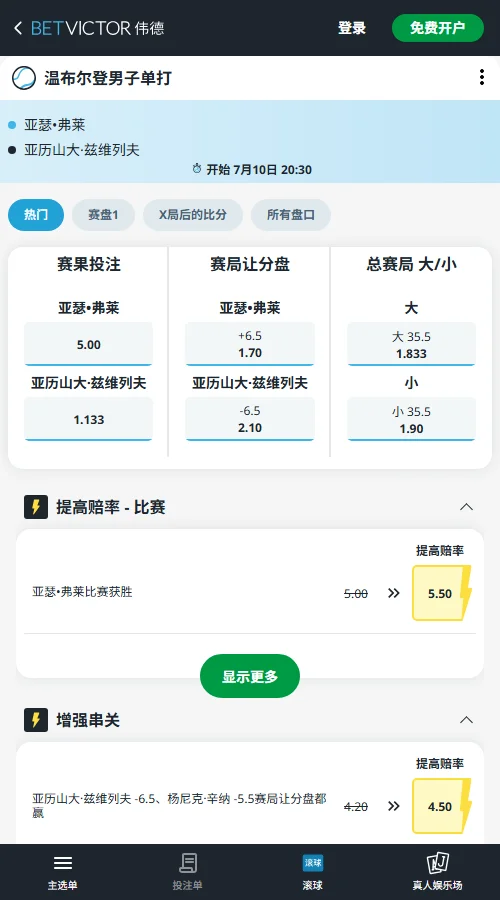 费里vs兹维列夫 - 2026温网男单赔率盘口信息伟德(BetVictor)提供