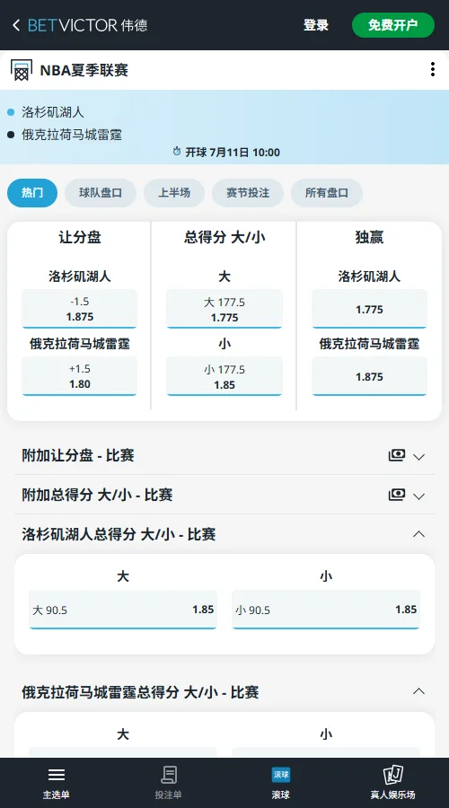 湖人vs雷霆-NBA夏季联赛博彩赔率和盘口信息-伟德(betvictor)提供