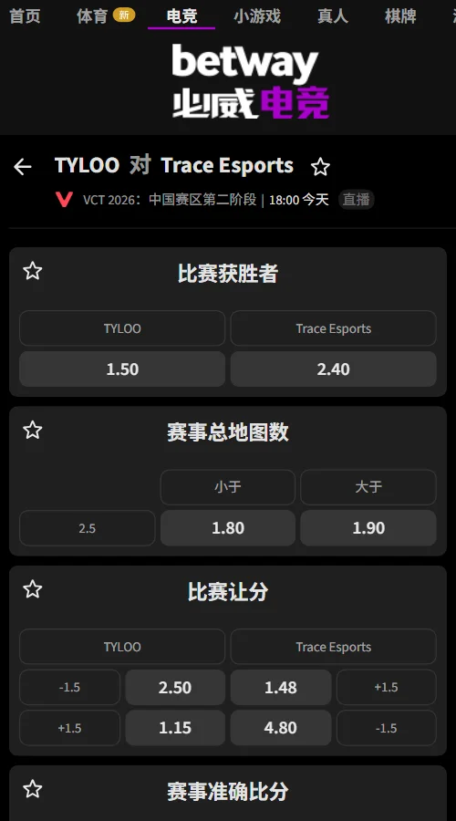 TYLOO vs TE - VCT CN2026第二阶段赔率信息必威(Betway)提供