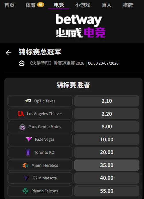 2026 CDL总决赛赔率信息必威(Betway)提供